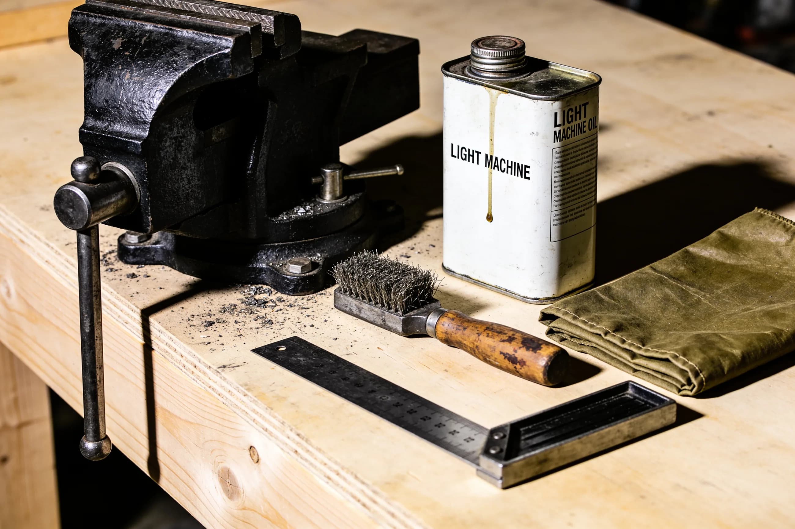 A workbench with a cast iron vice, a can of machine oil, a wire brush and a steel rule.
